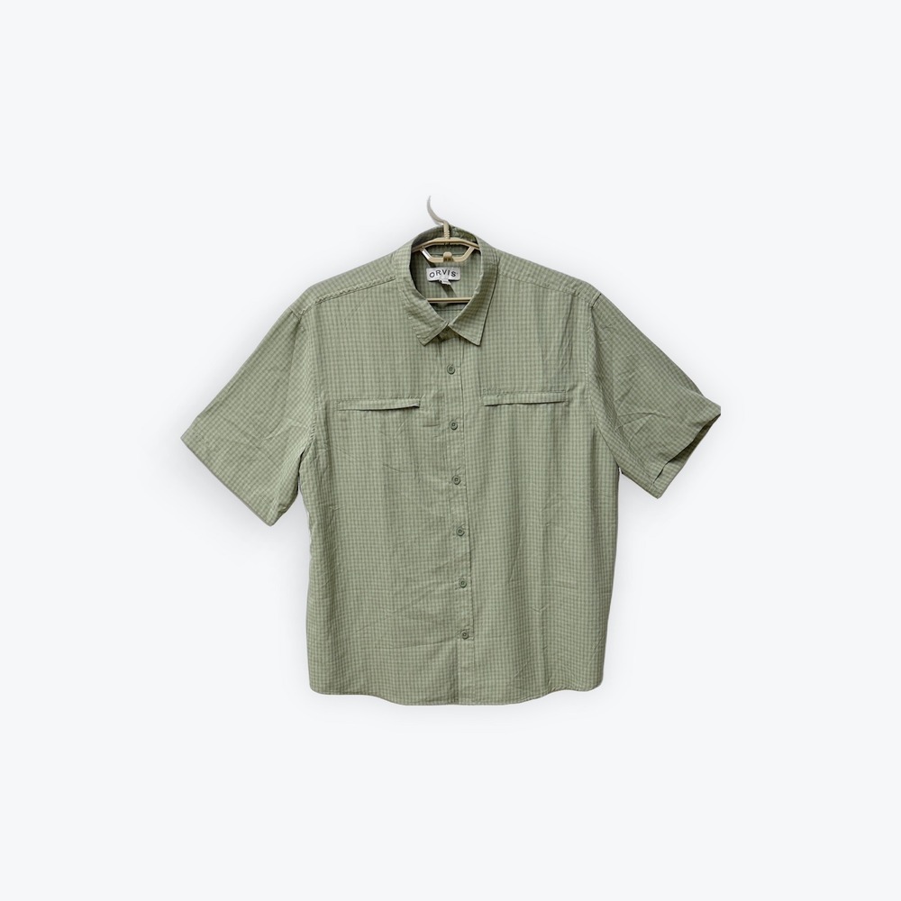 Orvis Mens XXL Sage Green Micro Check Short Sleeve Button Down Shirt 1875212